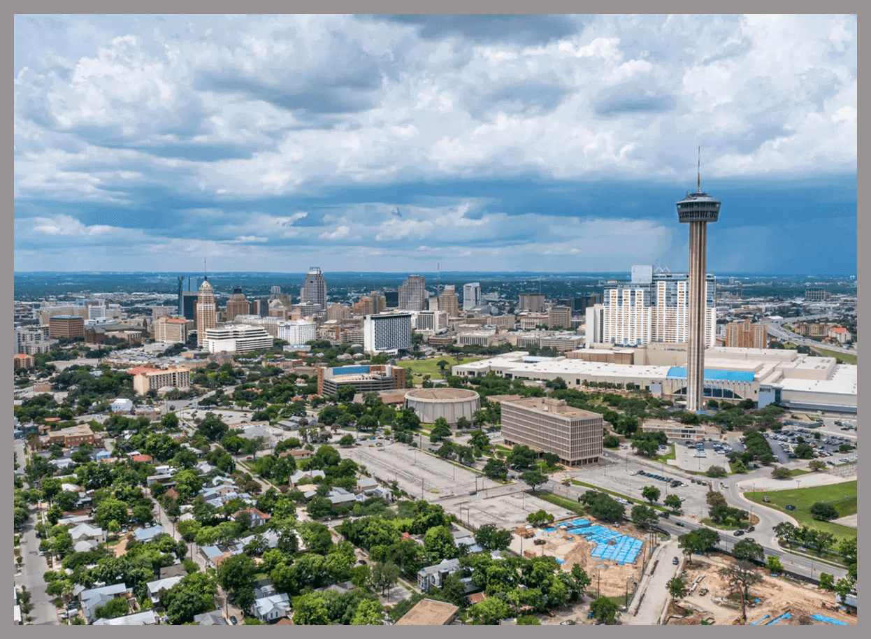 San Antonio skyline with cloudy sky.