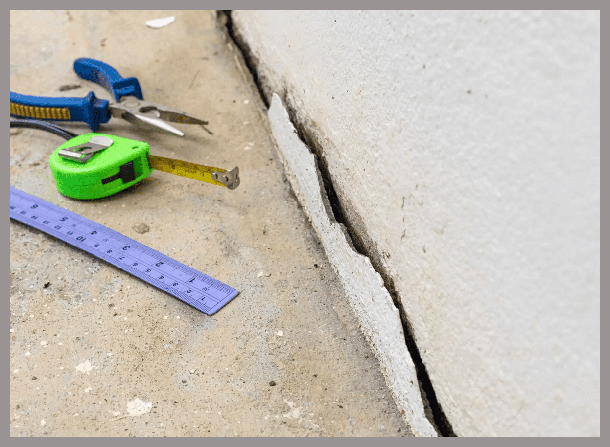 Tools and wall crack on concrete surface.