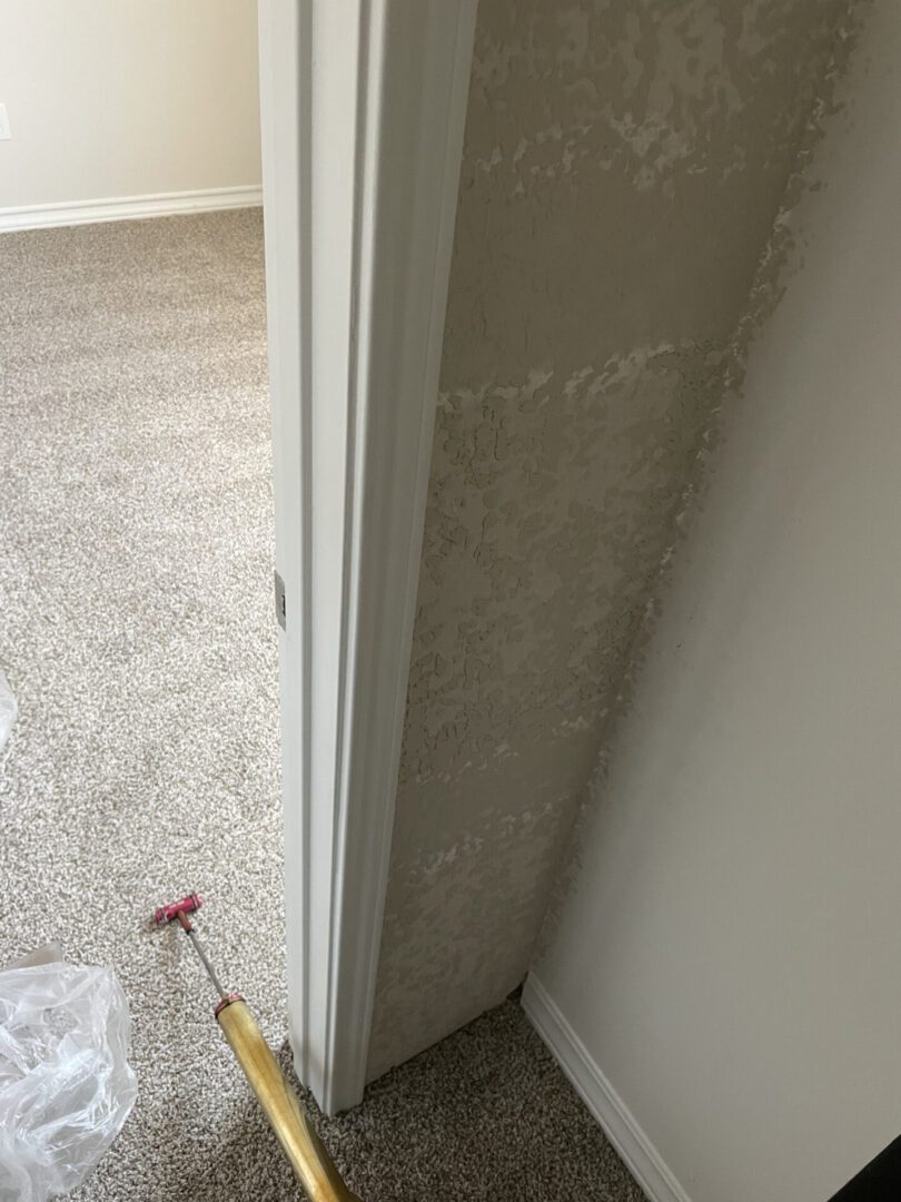Carpeted room with textured wall and tool.
